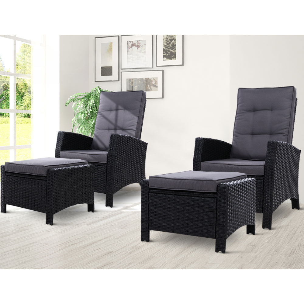 Sun Recliner Chair Outdoor Patio Garden Cushion Set of 2 - Black