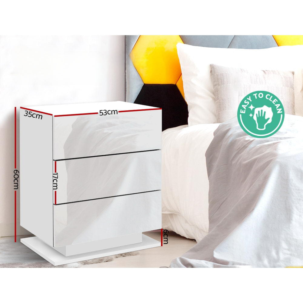 Bedside Tables Side Table RGB LED Lamp 3 Drawers Nightstand Gloss White
