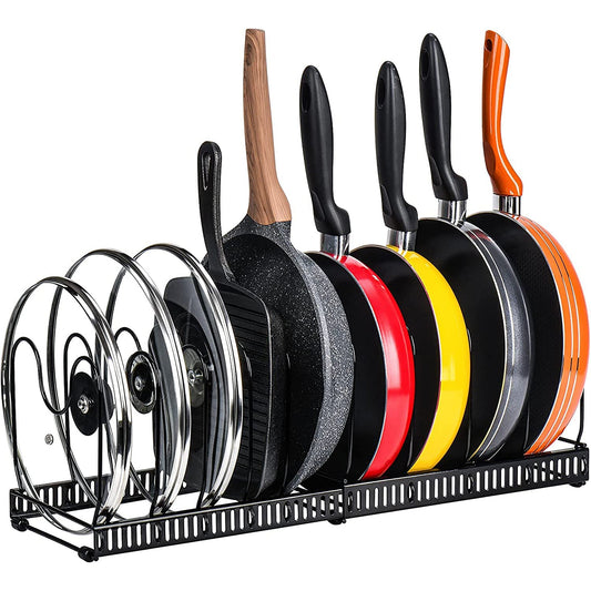 Expandable Pans Organizer Rack with 10 Adjustable Compartments for Pantry or Cabinet - Black