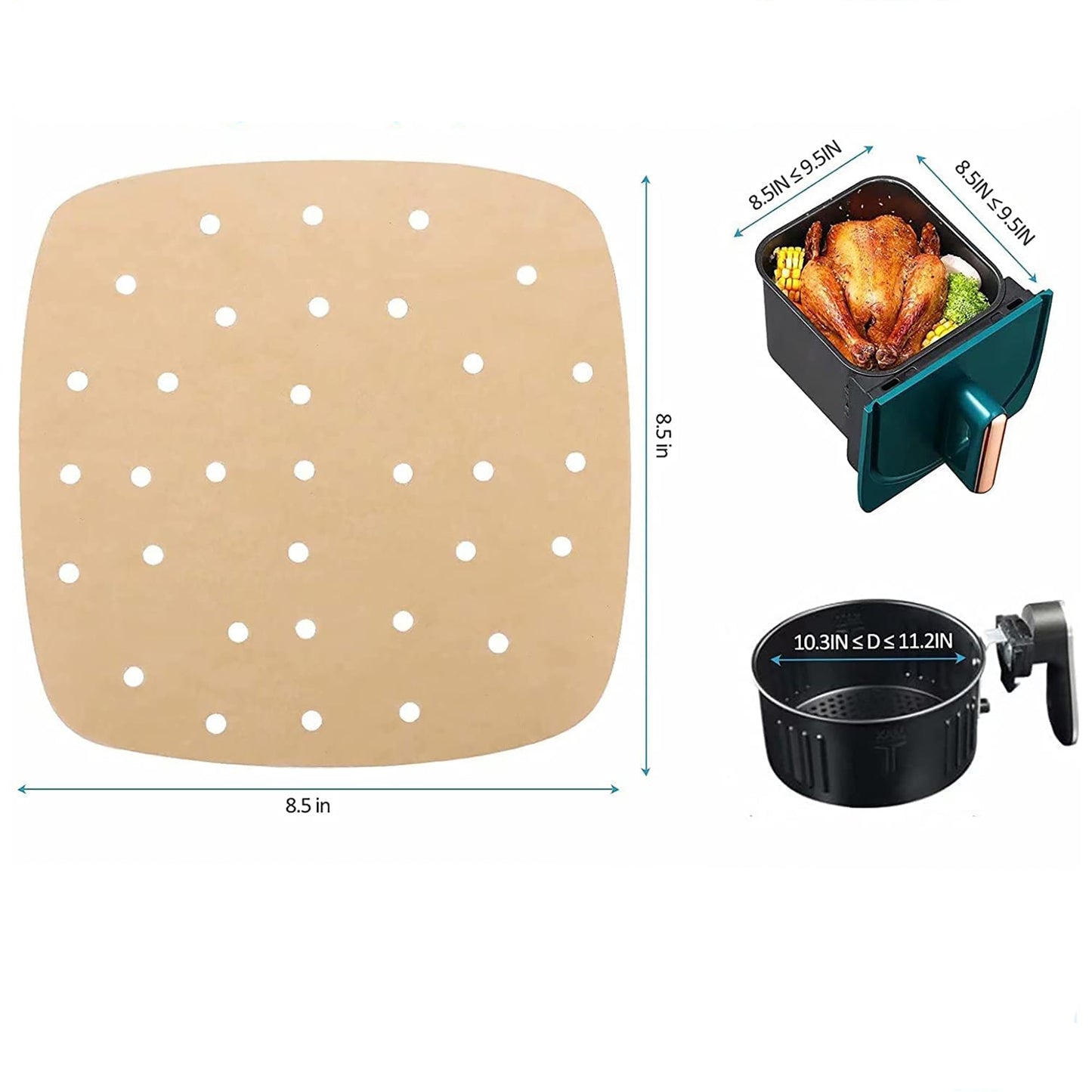 Perforated Unbleached Square Disposable Air Fryer Liners 8.5 Inch 200 Pcs - Brown