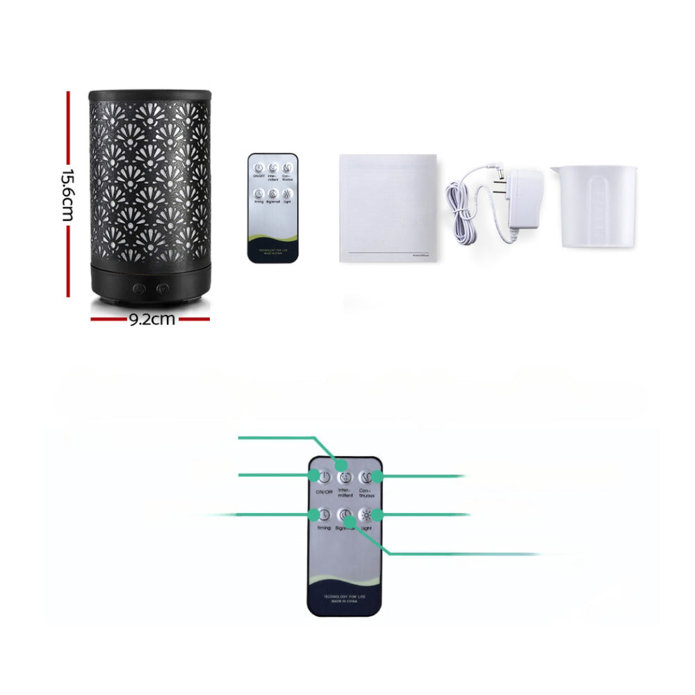 Aroma Diffuser Aromatherapy Essential Oils Metal Cover Ultrasonic Cool Mist 100ml Black