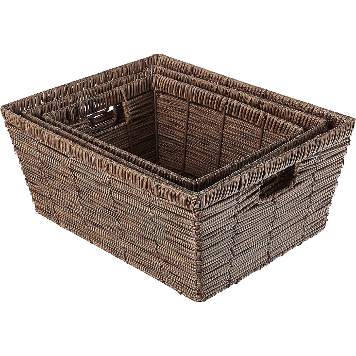 Distressed Rattique Durable Storage Baskets with Handles Set of 3 - Brown