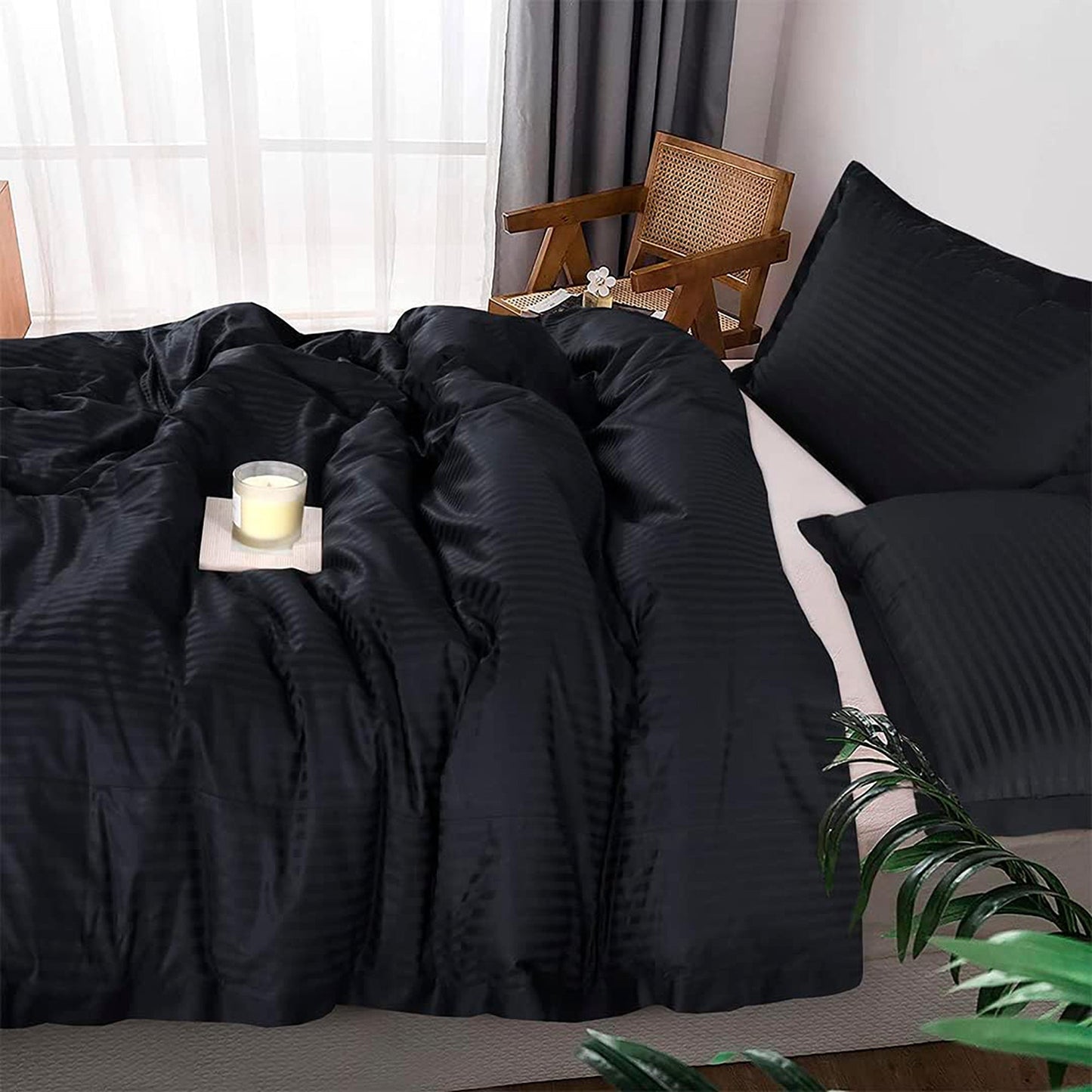 1000 Thread Count Cotton Satin Stripe Reversible Quilt Cover Bedding Set - Black