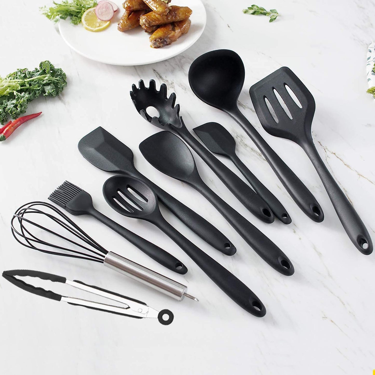 Non Toxic Heat Resistant Non Stick Silicone Kitchen Utensils Cooking Tools Set 14 Pcs - Black