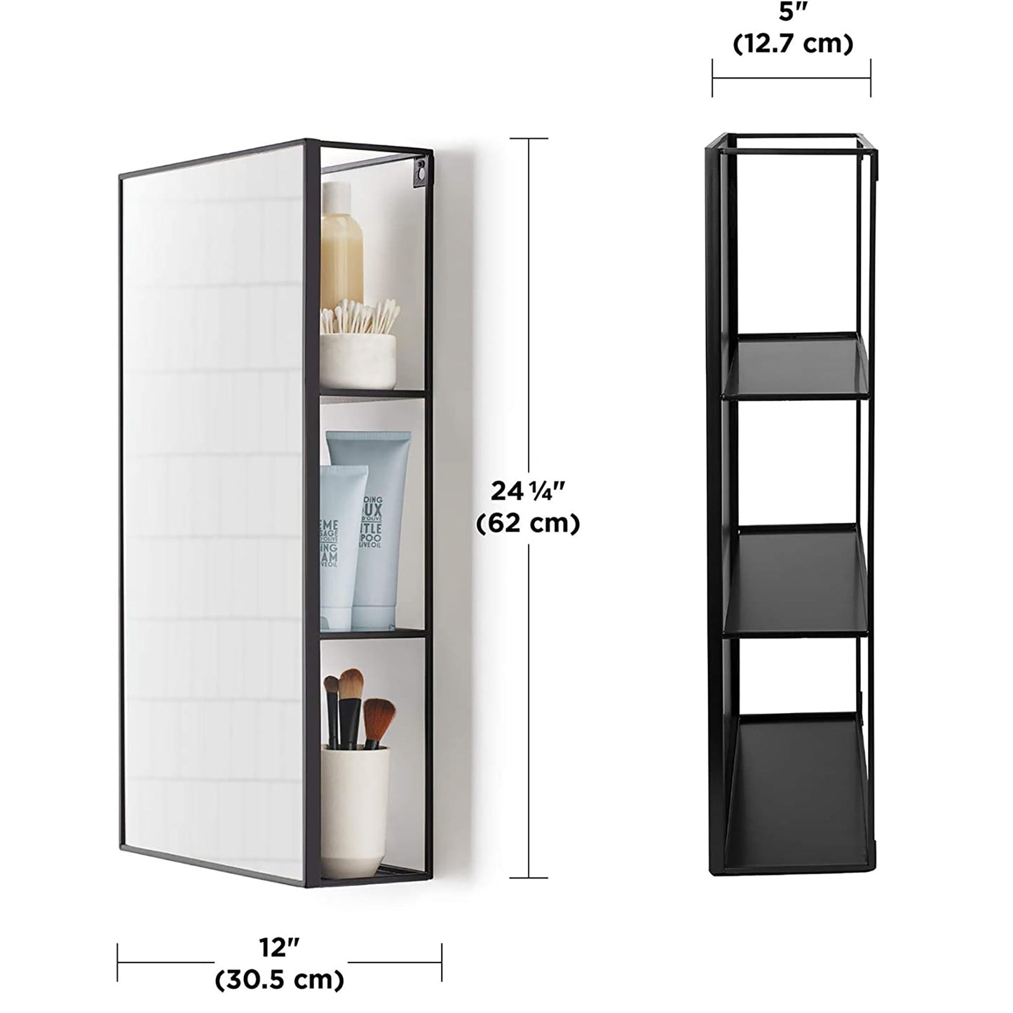 Bathroom Bedroom Mirror with Storage Shelves - Black