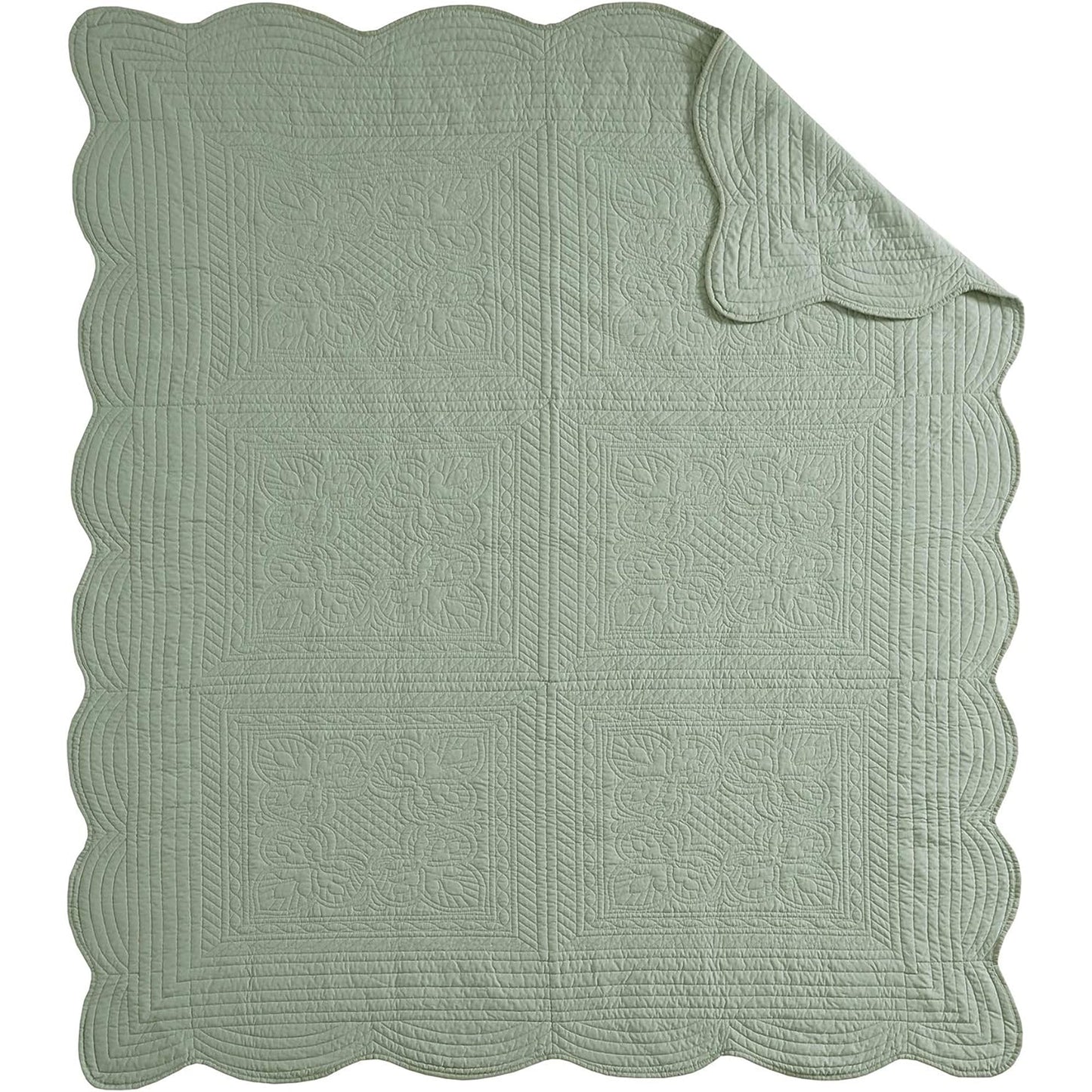 Ultra Soft Cotton Filled Quilted Throw Blanket - Scalloped Borders Seafoam