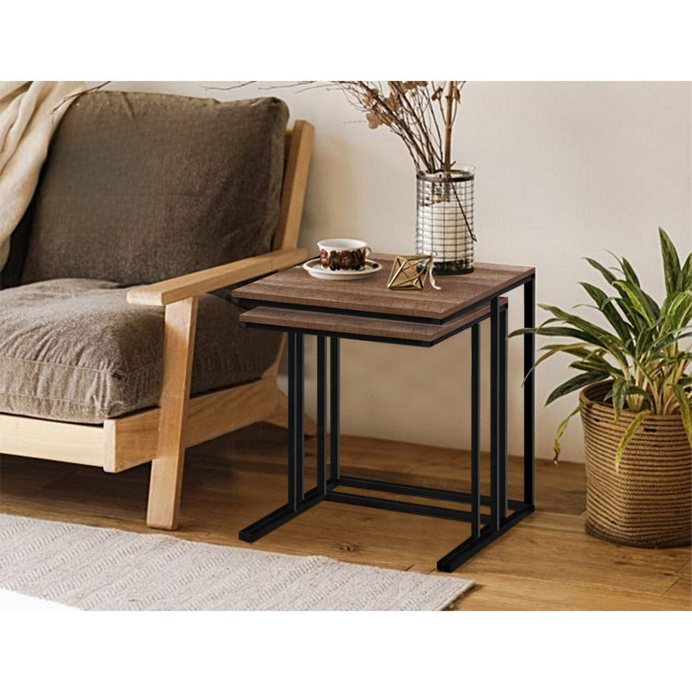 Coffee Table Nesting Side Tables Wooden Rustic Vintage Metal Frame
