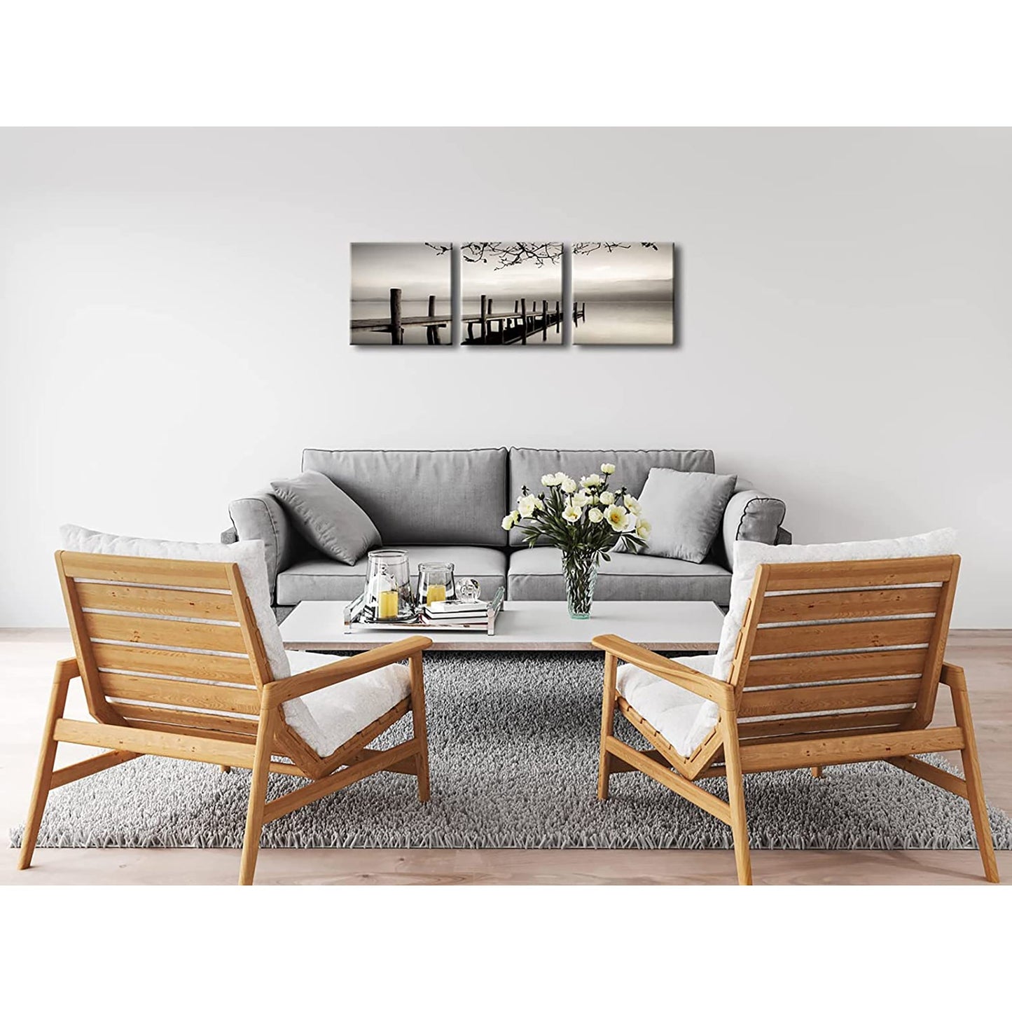 Black and White Landscape Giclee Canvas Prints on Modern Stretched Paintings Artwork - 3 panels