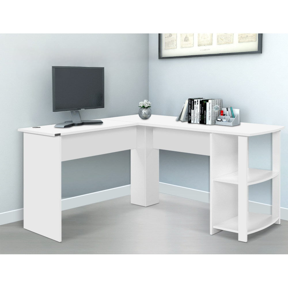 Office Computer Desk Corner Student Study Table Workstation L-Shape Shelf White
