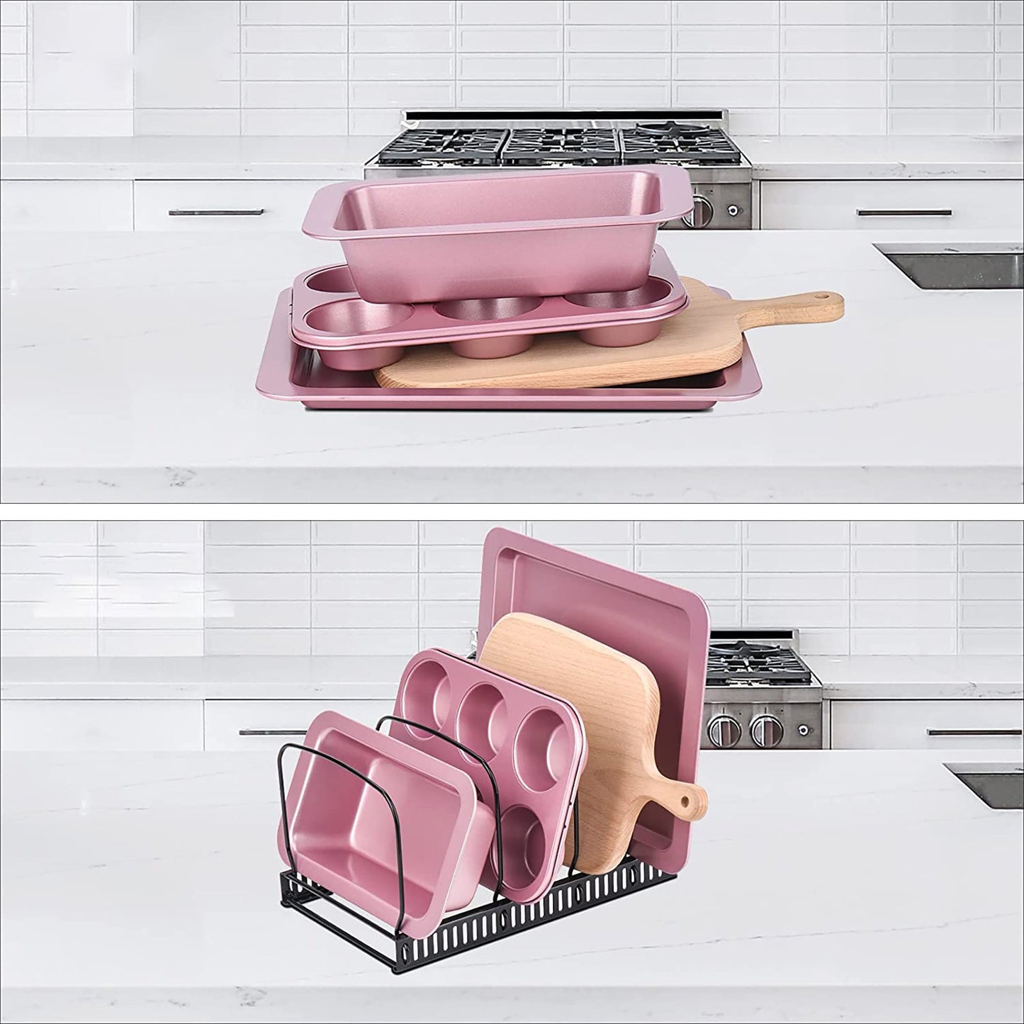 Adjustable Bakeware Rack with 10 Adjustable Compartments for Pantry or Cabinet - Black