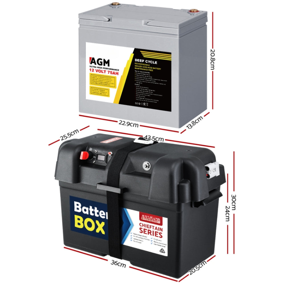 Solar Powered Marine Battery Battery Caravan Box AGM 4WD 75Ah - 12V