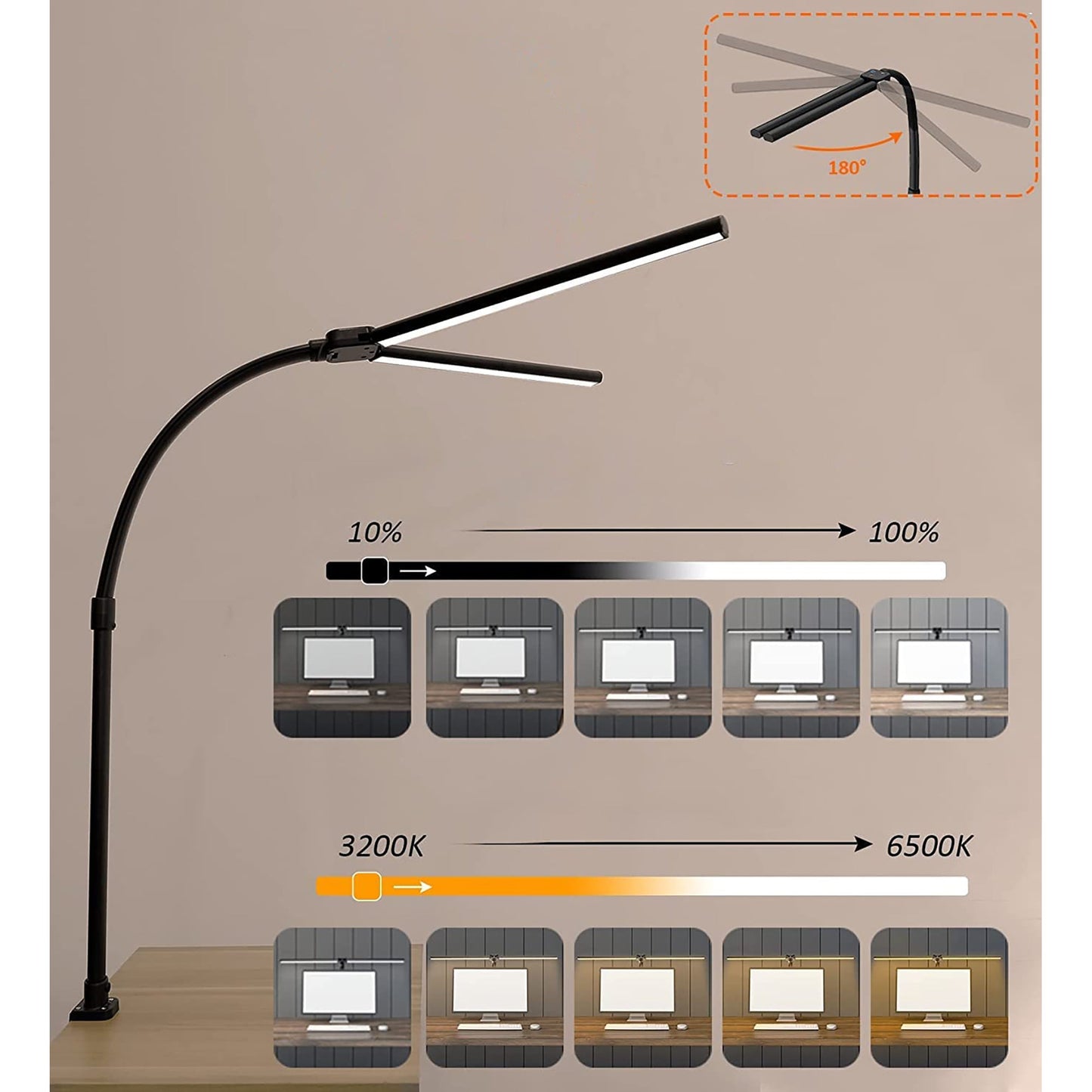 24W Double Head LED Desk Study Lamp with 5 Lighting Color Modes - Black