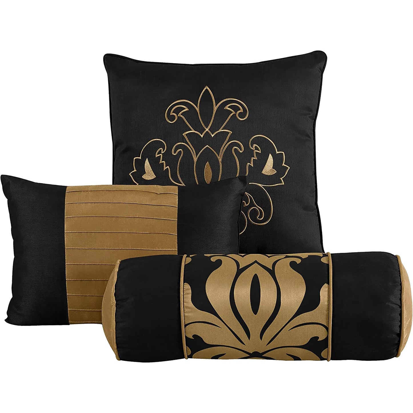7 Piece Royale Jacquard Floral Comforter Set Queen - Black and Gold