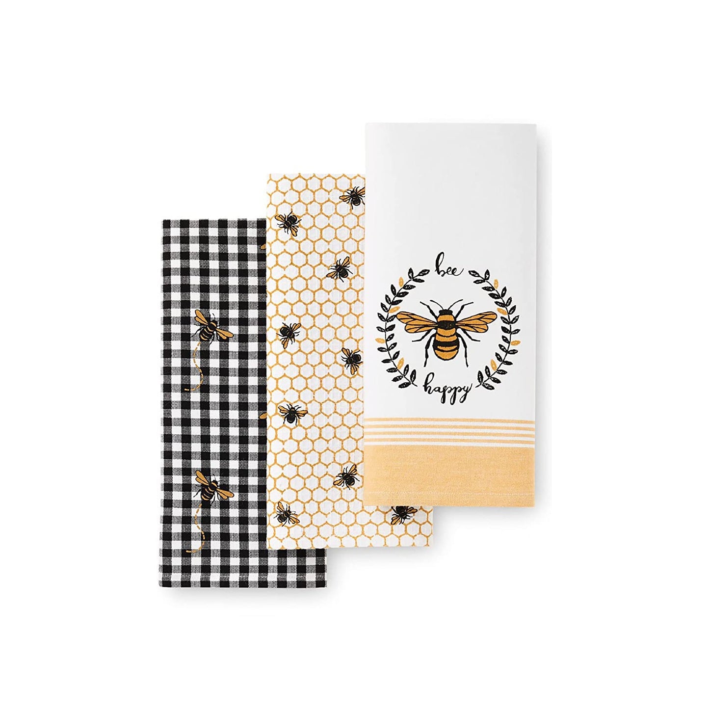 Kitchen Bee Honeycomb Absorbent Hand Towels 3 Pcs 18x28 Inches - Yellow and Black
