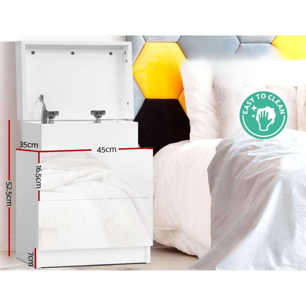 Bedside Tables Side Table Drawers RGB LED High Gloss Nightstand White