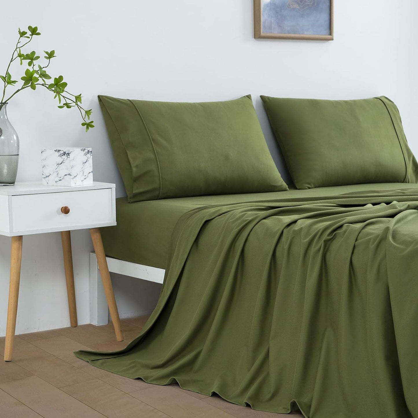 130 GSM Flannelette Soft Luxurious Micro Flannel Bed Sheet Set - Olive