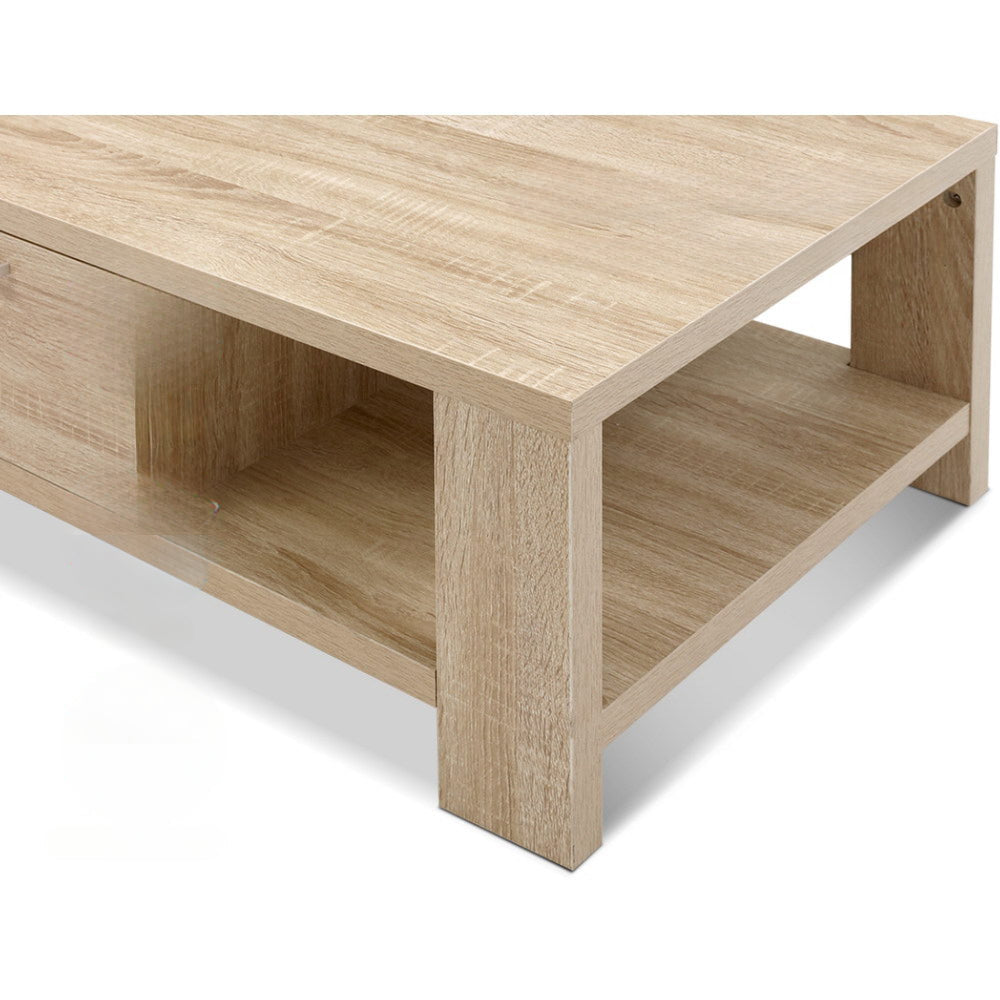 Coffee Table Wooden Shelf Storage Drawer Living Furniture Thick Tabletop
