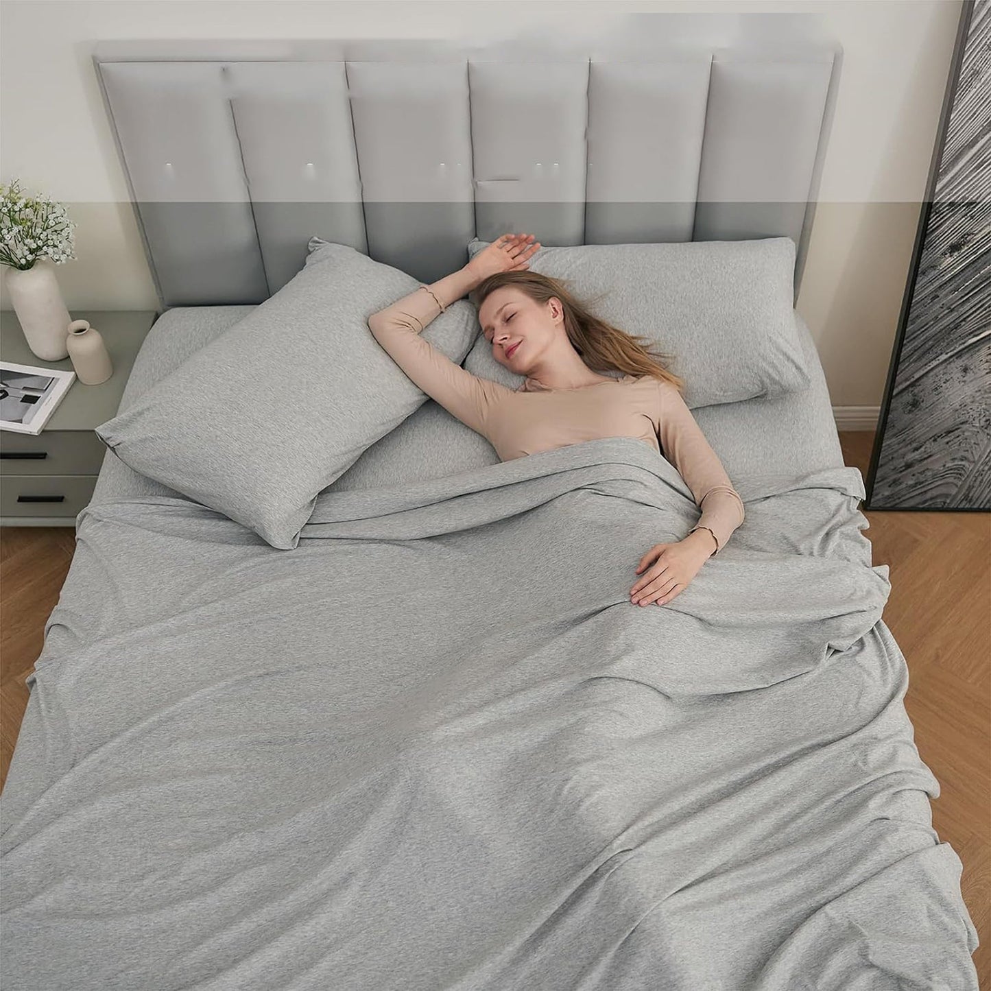 Breathable Skin-Friendly Ultra Soft Cotton Jersey Bed Sheet Set - Grey Marle