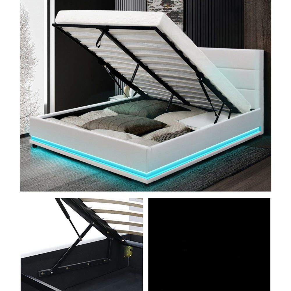 LED Bed Frame Fabric Gas Lift Storage - Grey Queen