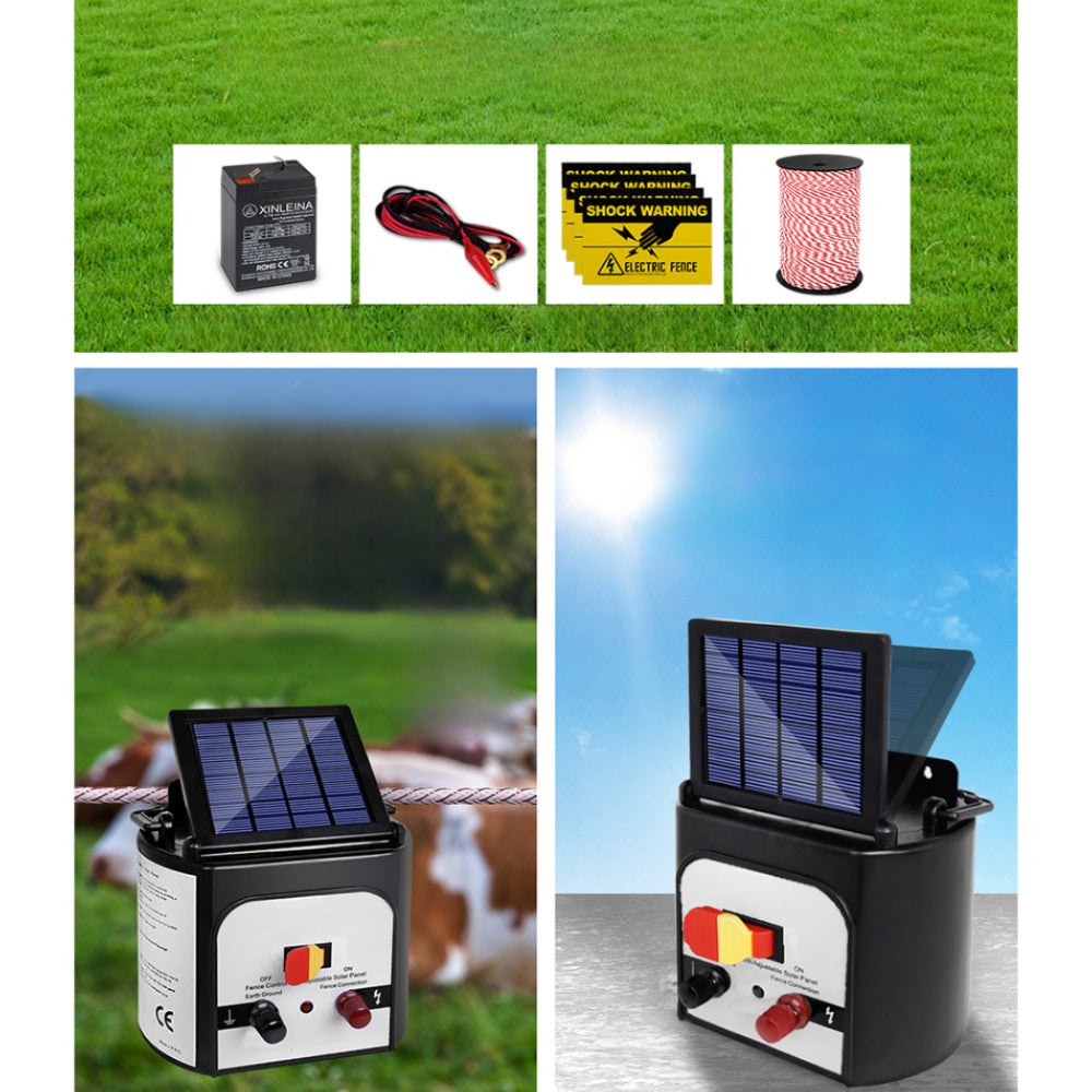 Electric Fence Energiser Solar Powered Charger Polytape Rope - 8km