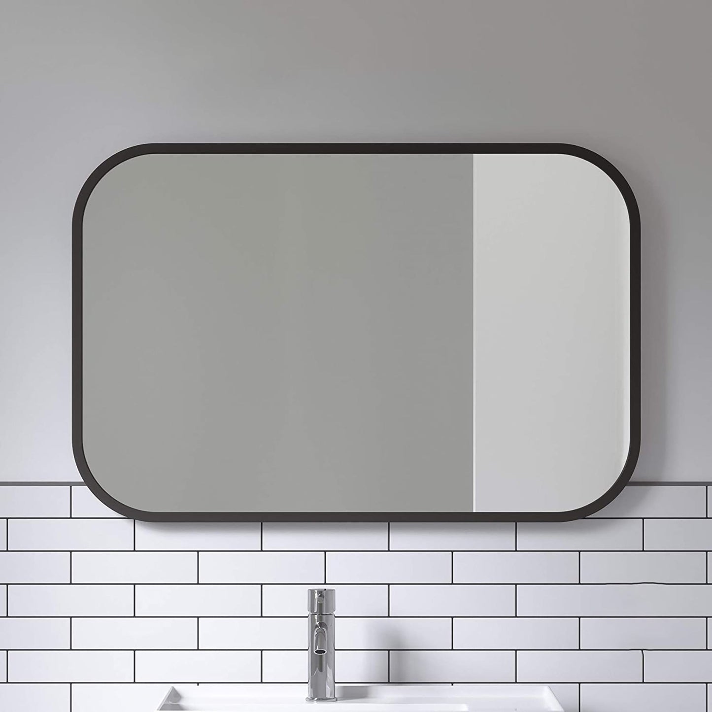 Rectangular Mirror with Rubber Frame Modern Decor for Entryways and More 24x36 Inch - Black