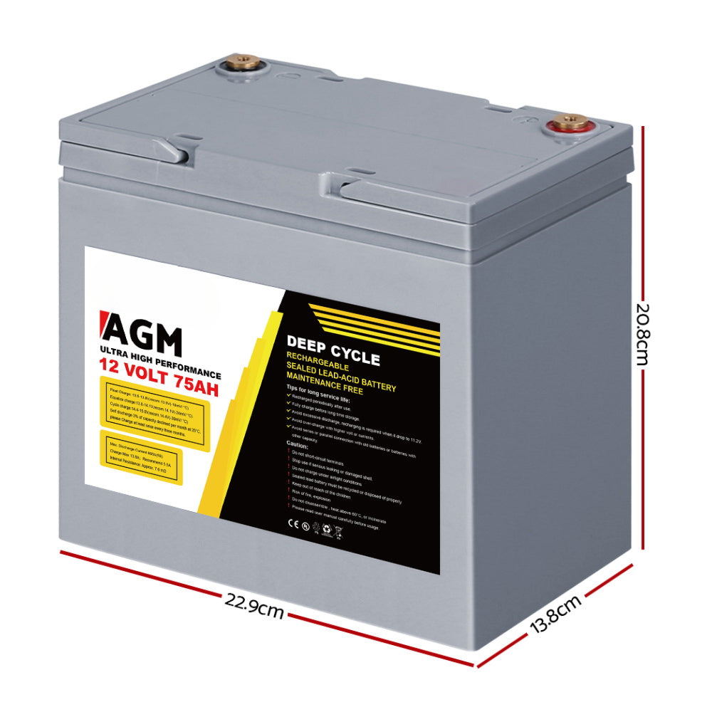 Solar Powered Marine Battery Battery Caravan Box AGM 75Ah - 12V