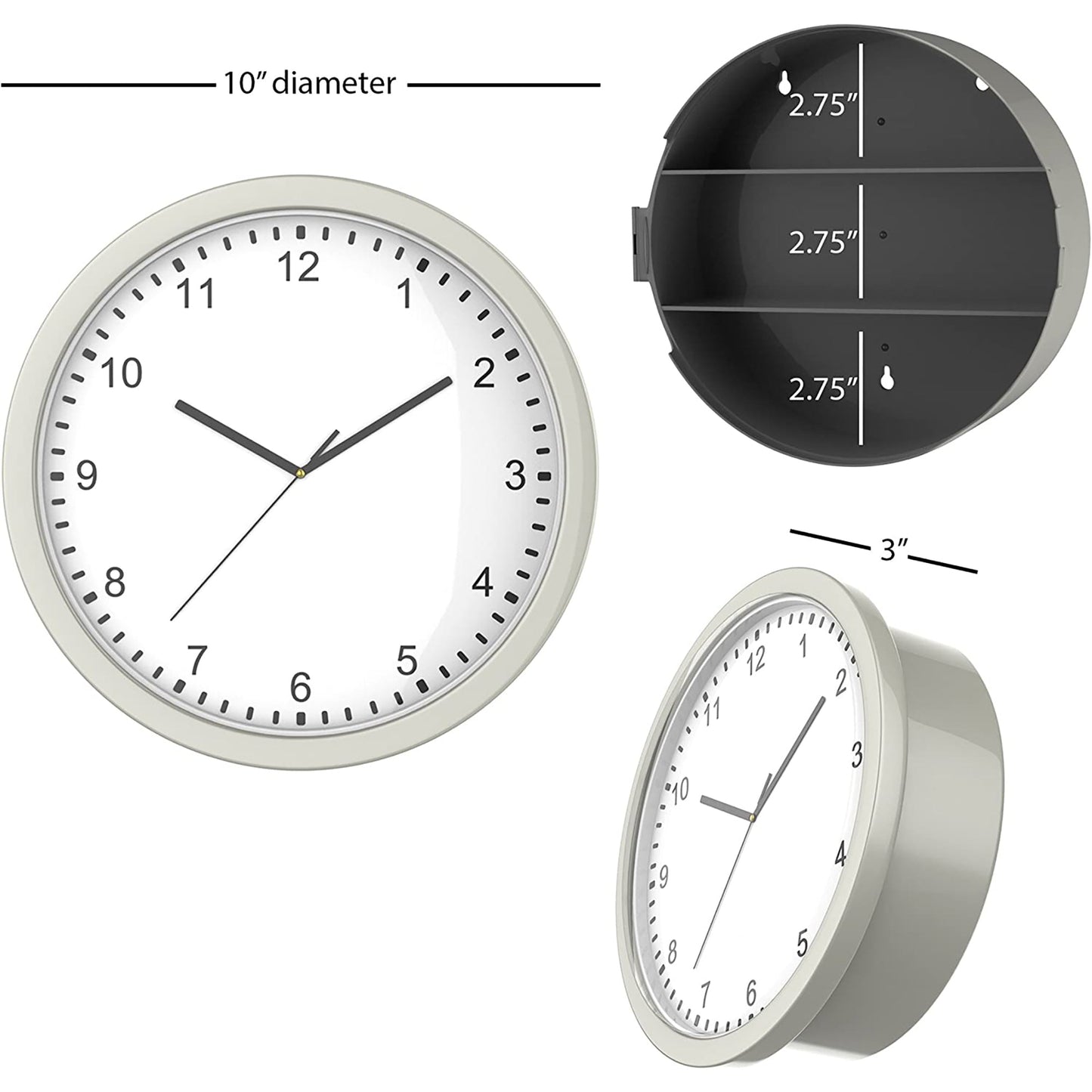 Battery Operated Analog Clock with Hidden Wall Safe for Valuables and More - Silver
