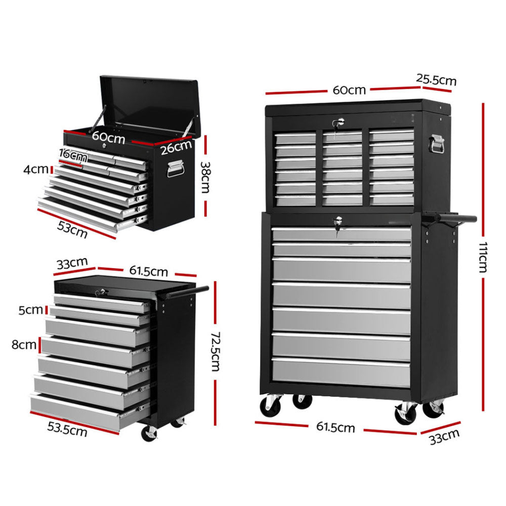 Garage Mechanic Trolley Chest Cabinet Toolbox 17 Drawers - Black and Grey