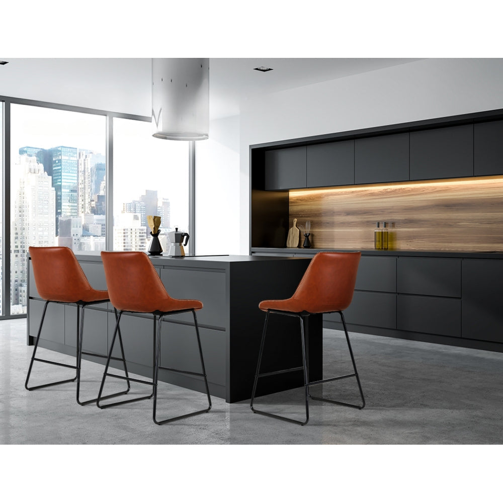 Set of 2 Bar Stools Kitchen Metal Bar Stool Dining Chairs PU Leather Brown