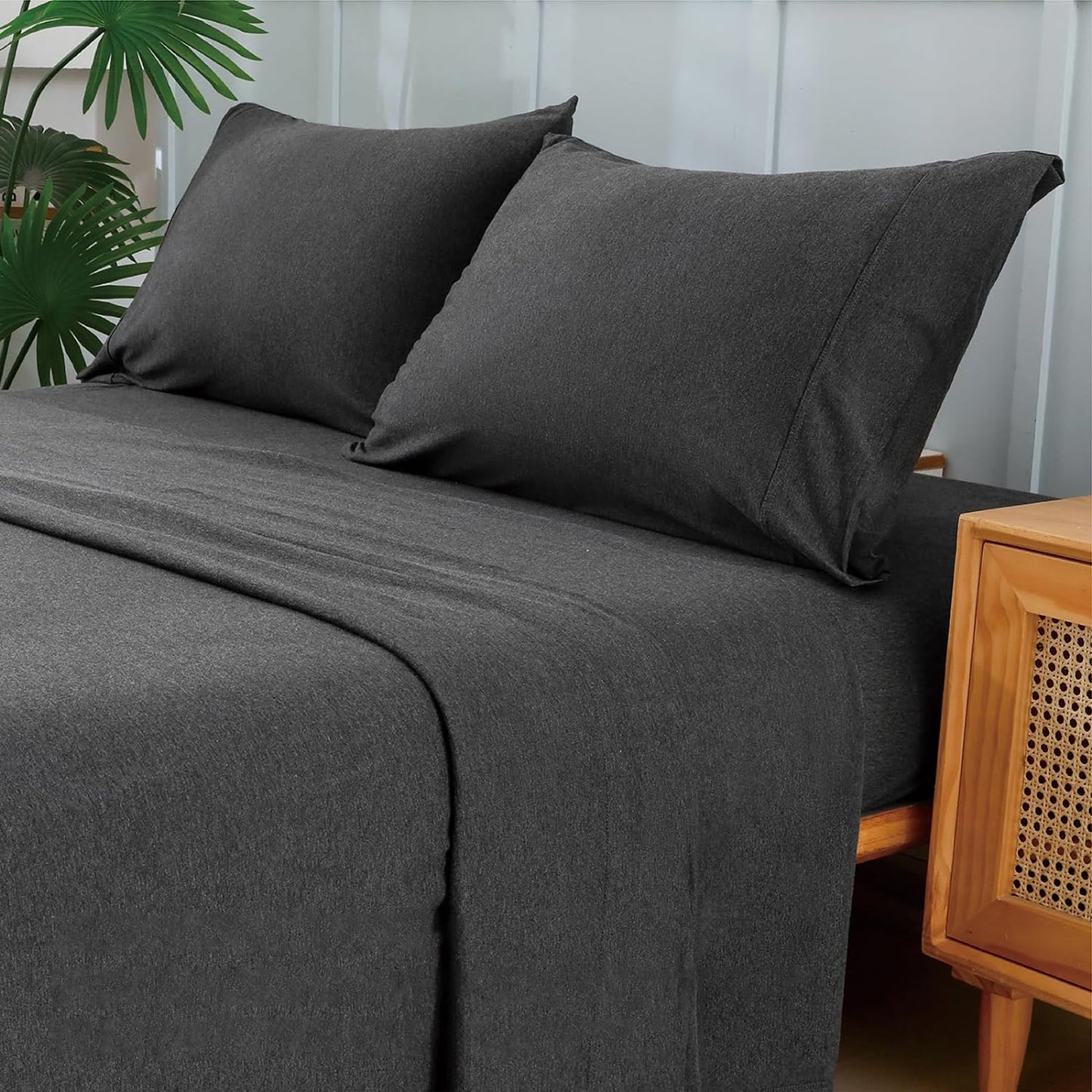 Breathable Skin-Friendly Ultra Soft Cotton Jersey Bed Sheet Set - Charcoal Marle