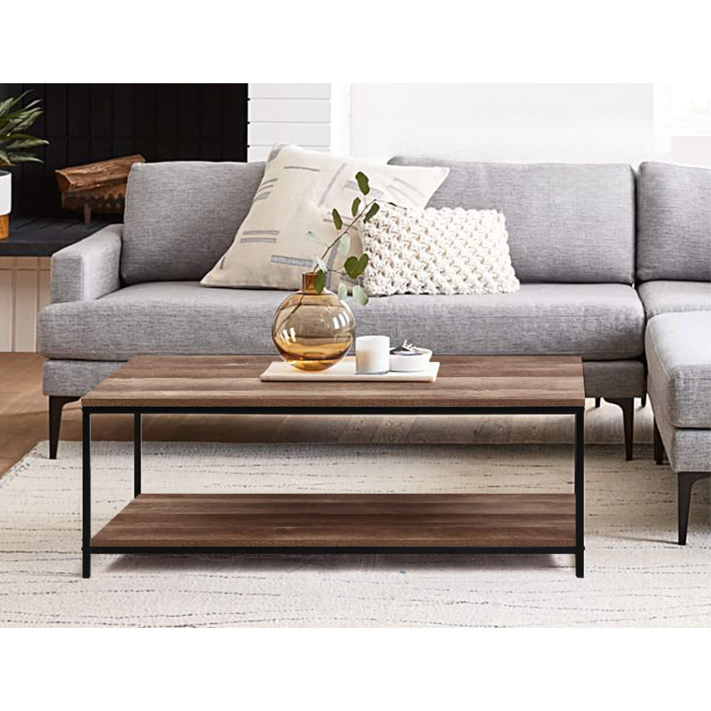Coffee Table Wooden Rustic Vintage Storage Shelf Metal Frame Black