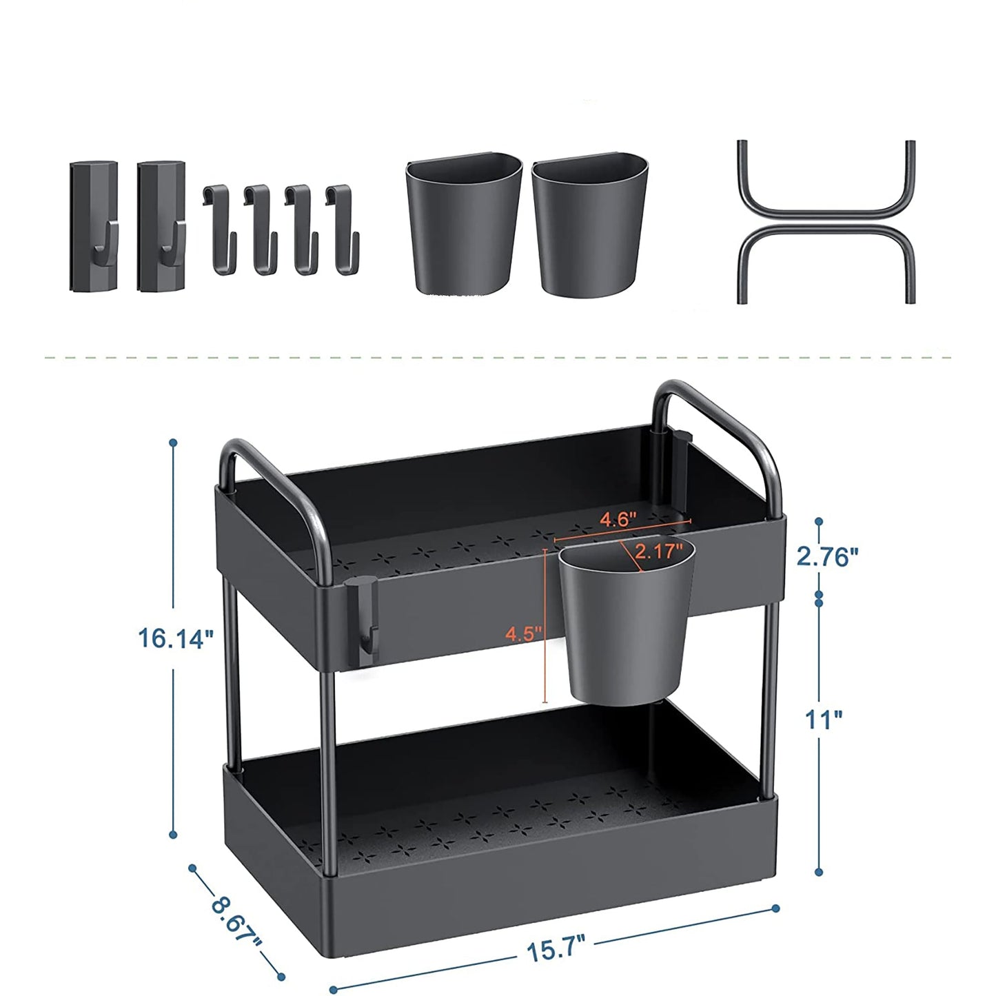 2 Tier Rack Shelf Storage Organizer with 4 Hooks 2 Hanging Cups - Black