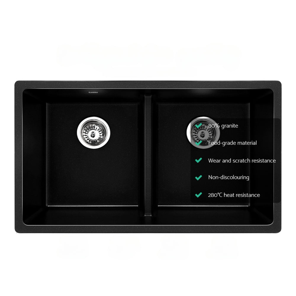 Stone Kitchen Sink 790X460MM Granite Under/Topmount Basin Double Bowl Black