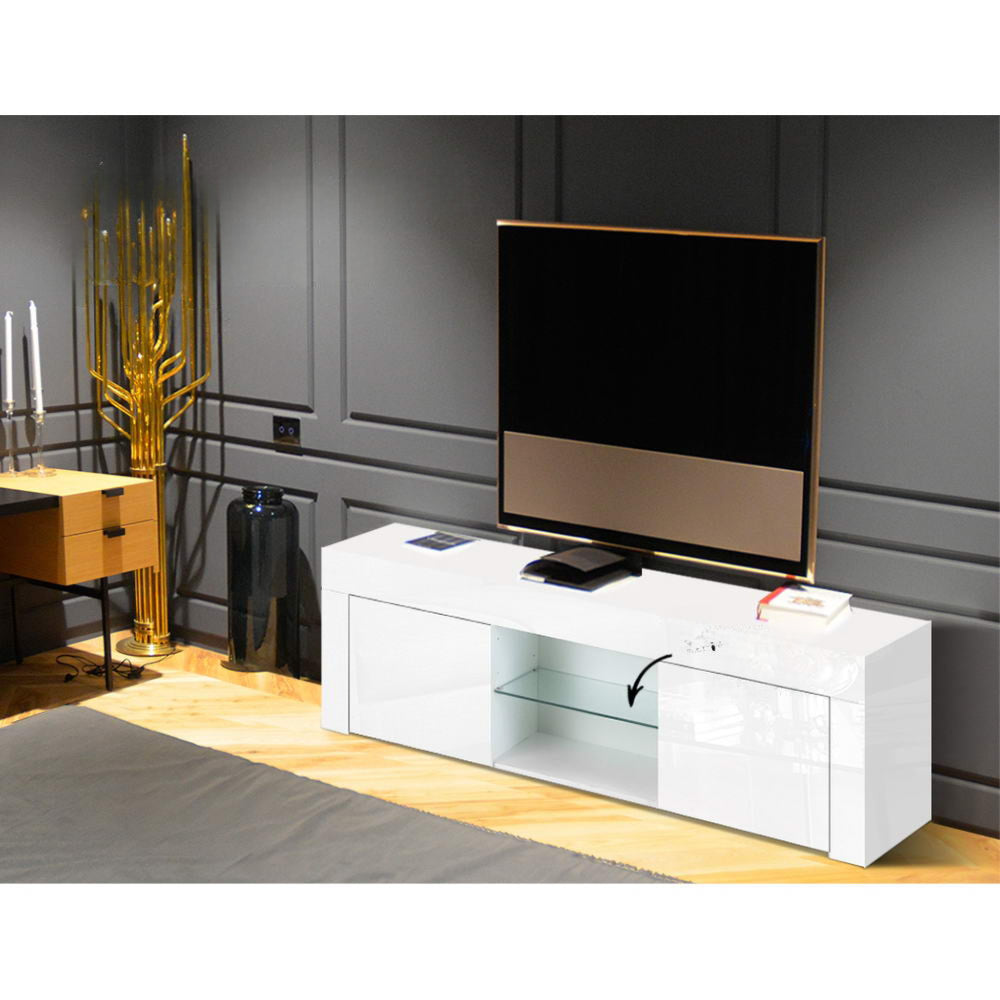 130cm High Gloss TV Stand Entertainment Unit Storage Cabinet Tempered Glass Shelf White