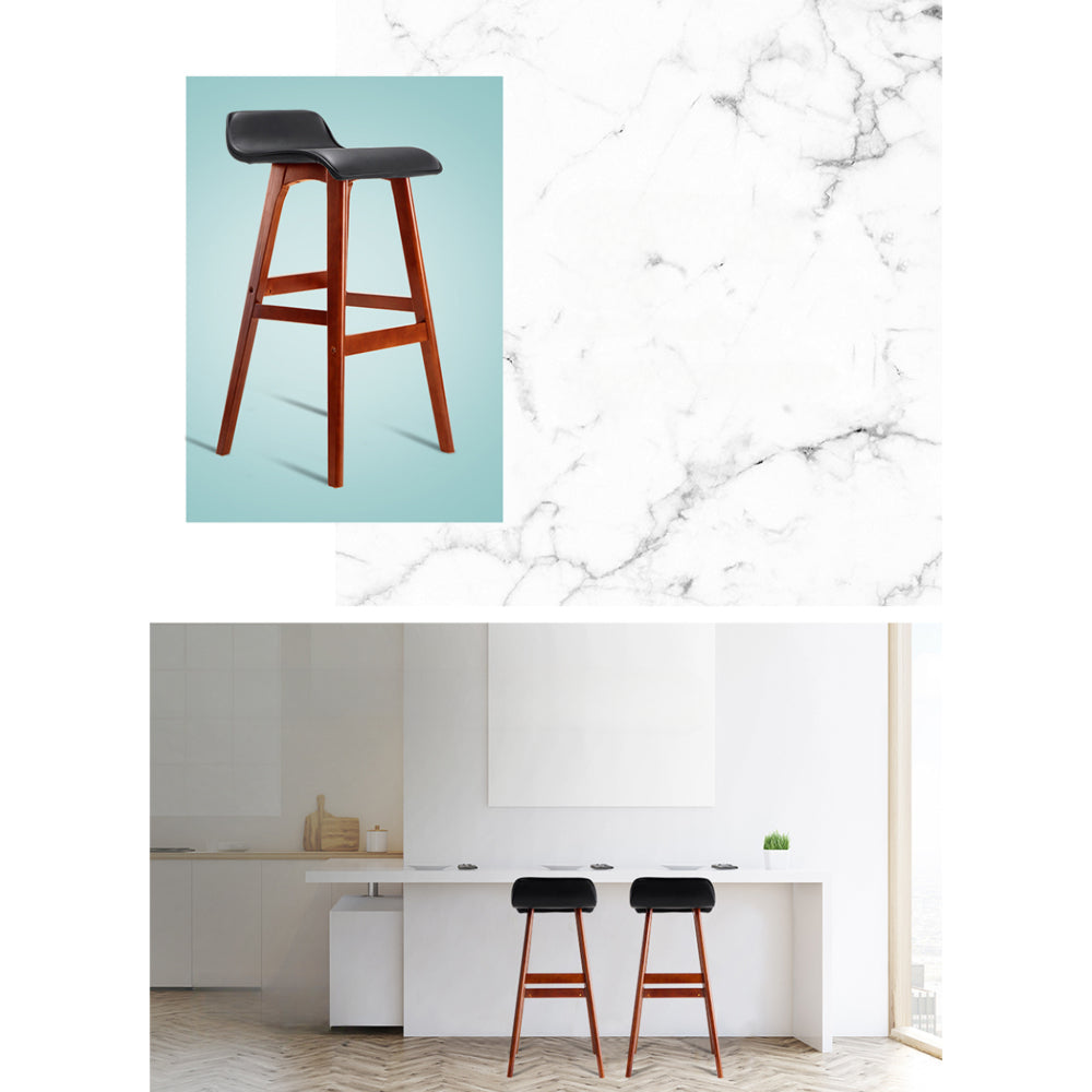 Set of 2 PU Leather Wood Wave Style Bar Stool - Black