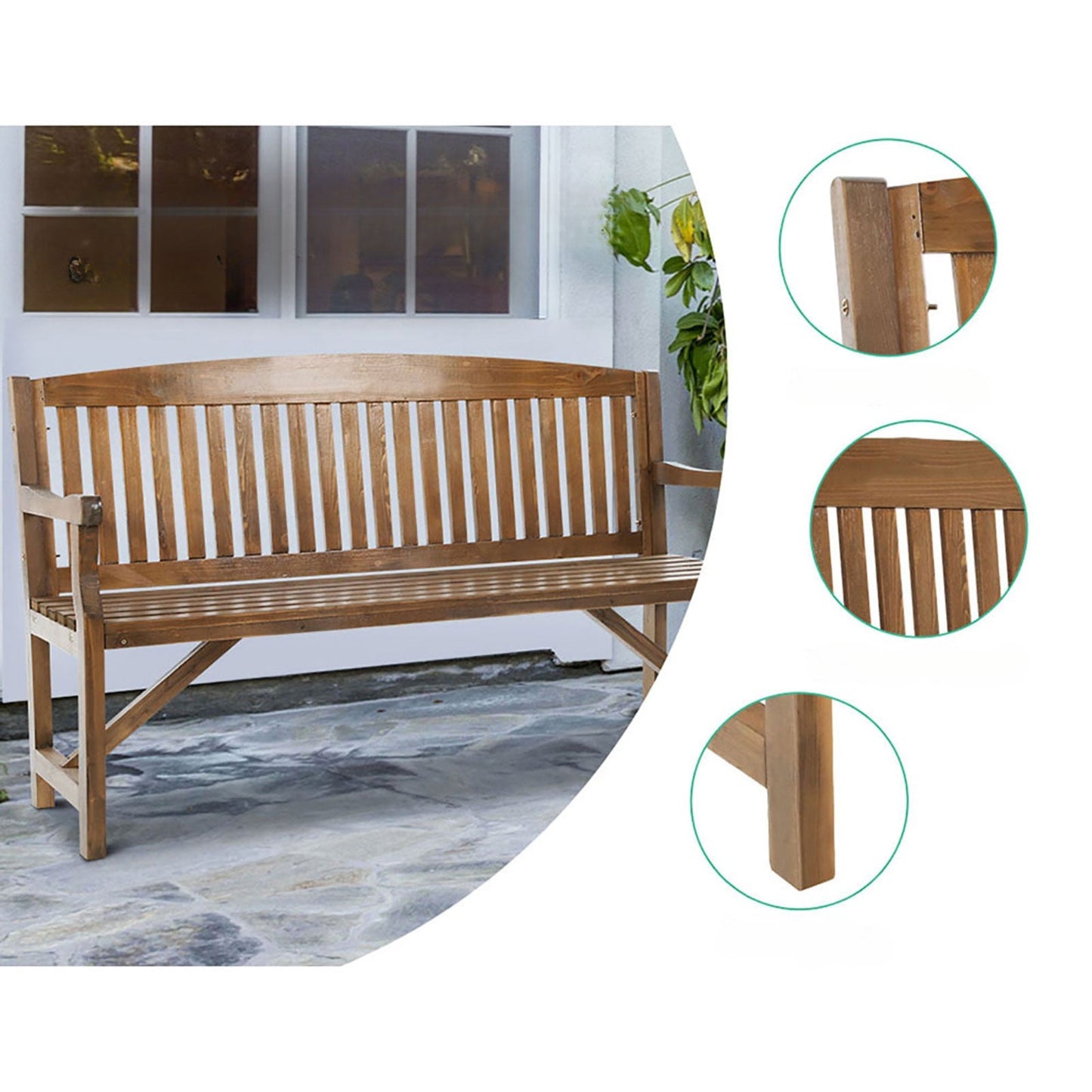 Wooden Garden Bench Outdoor Furniture Decor Patio 3 Seater - Brown