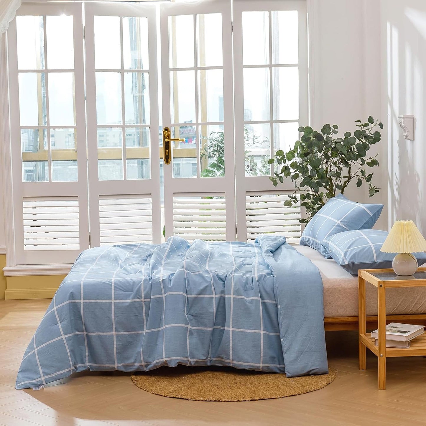 225TC Soft and Cozy Hypoallergenic Cotton Washed Quilt Cover Set - Checkered Blue