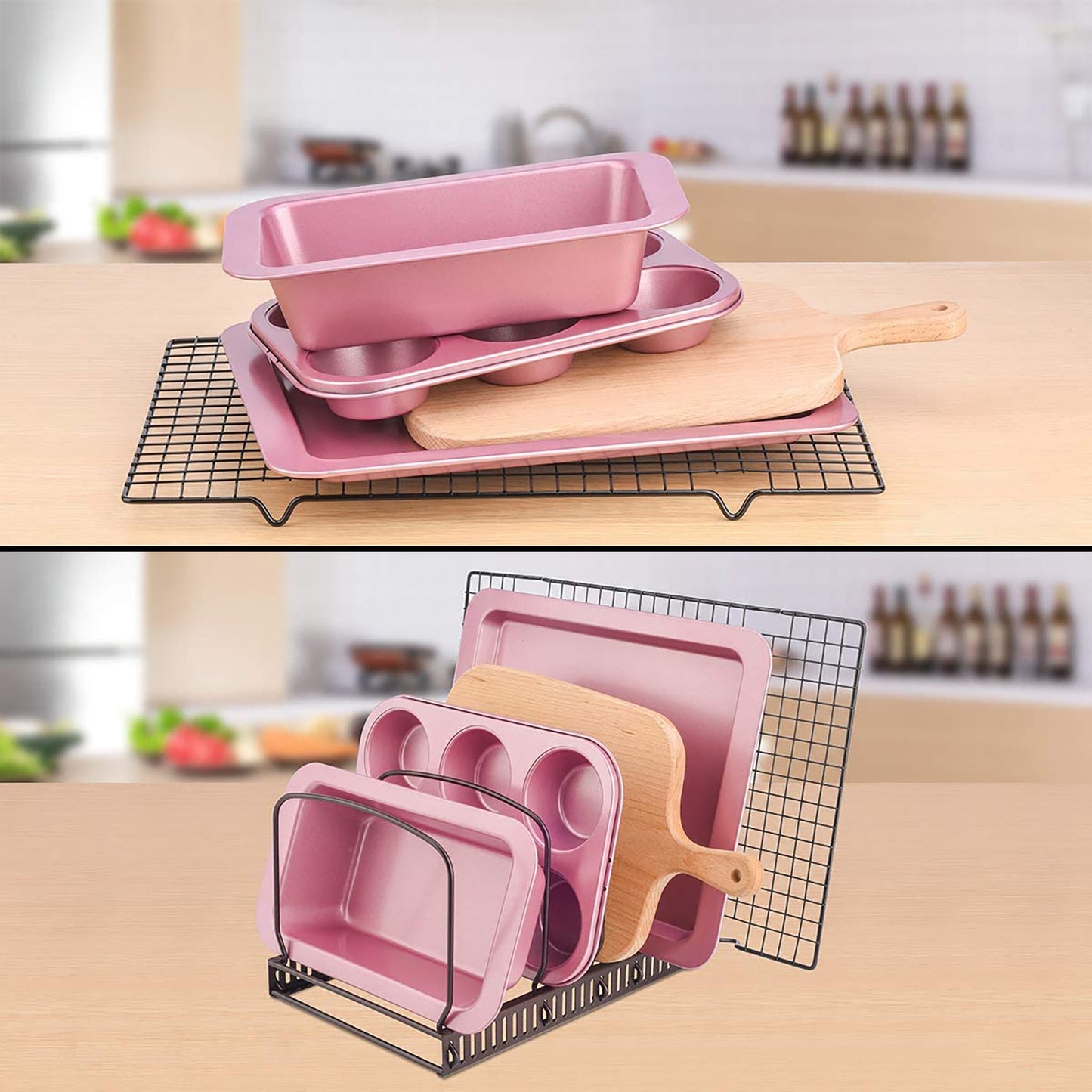 Adjustable Bakeware Rack with 10 Adjustable Compartments for Pantry or Cabinet - Brown