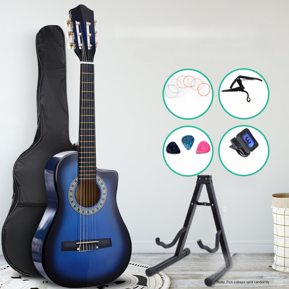 34" Inch Guitar Classical Acoustic Cutaway Wooden Ideal Kids Gift Children 1/2 Size Blue with Capo Tuner
