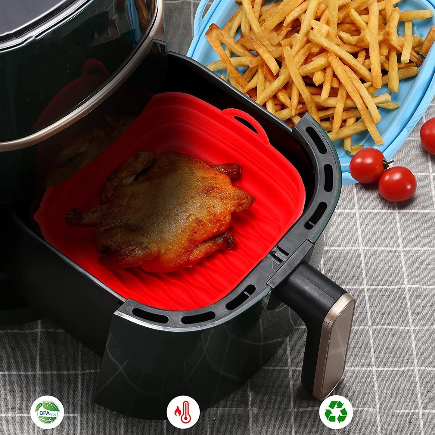 Air Fryer Silicone Pot Square Reusable Air Fryer Silicone Basket 8 Inch - Red