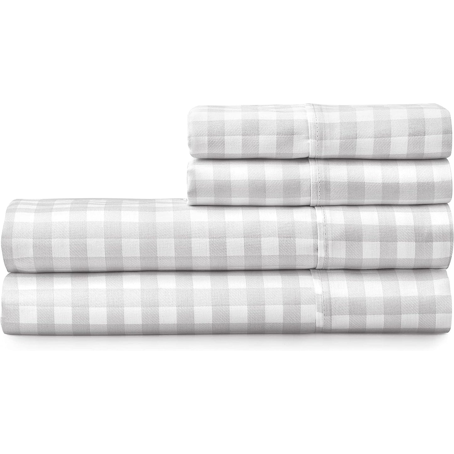 100% Cotton Soft and Durable Sateen Bed Sheet Set - Gingham Light Grey