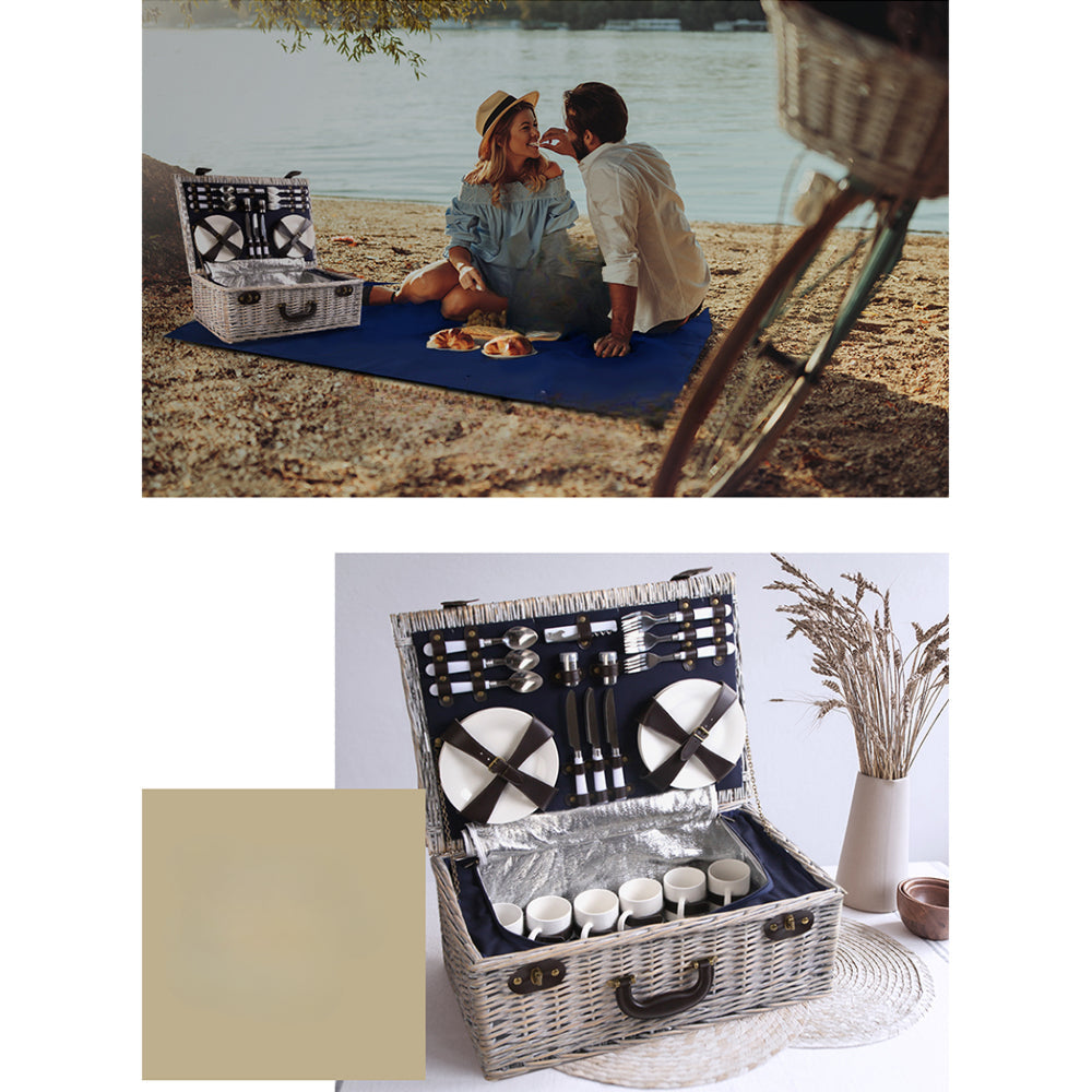 6 Person Picnic Basket Set Cooler Bag Wicker PU Fastening Straps Plates