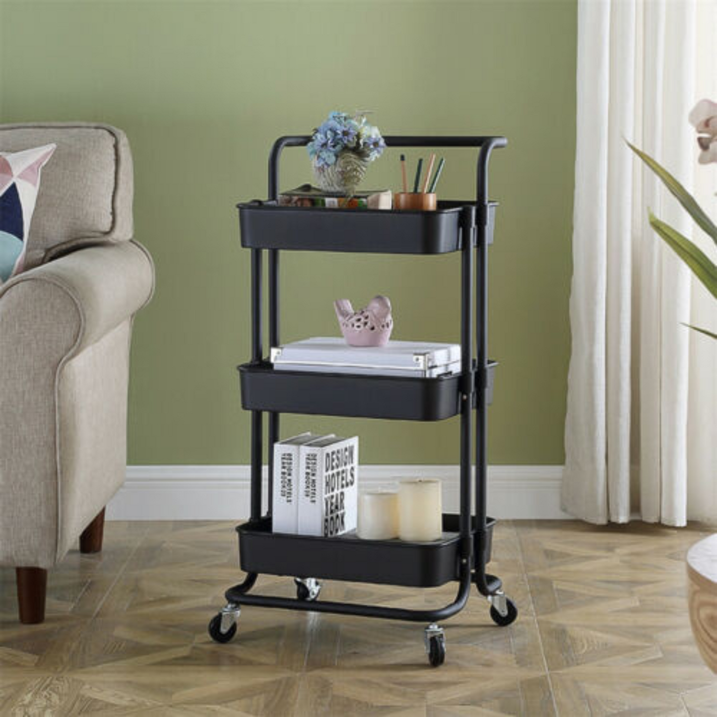 3-Tier Rolling Storage Cart with Handle Basket Serving Trolley Organizer