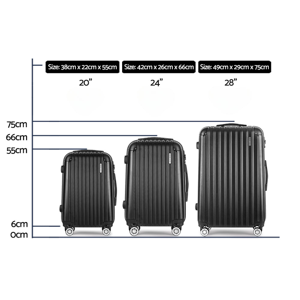 3pcs Luggage Set Travel Suitcase Storage Organiser TSA lock Black