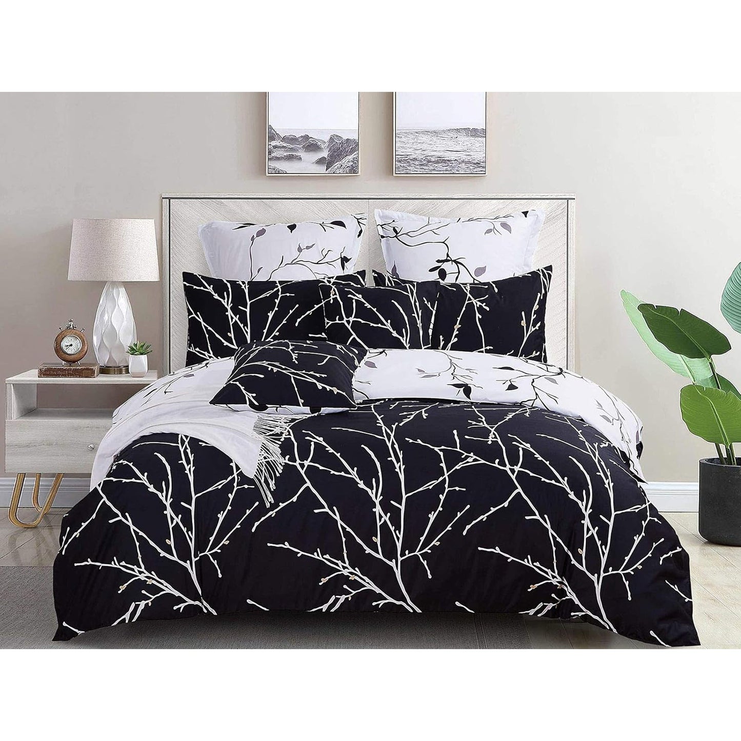 Polyester Reversible Quilt Cover Set - Tree Black and White