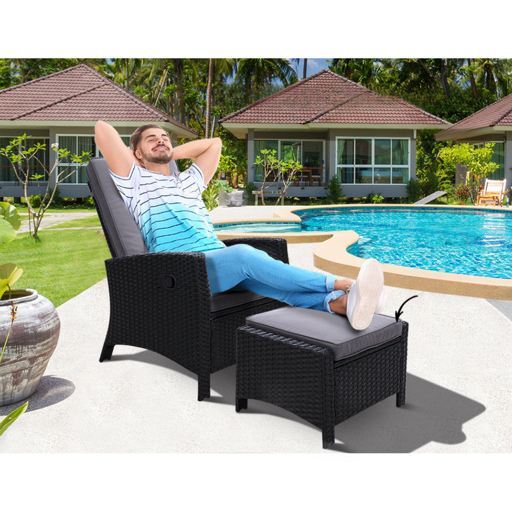 Sun Recliner Chair Wicker Sofa Outdoor Patio Garden Lounge - Black