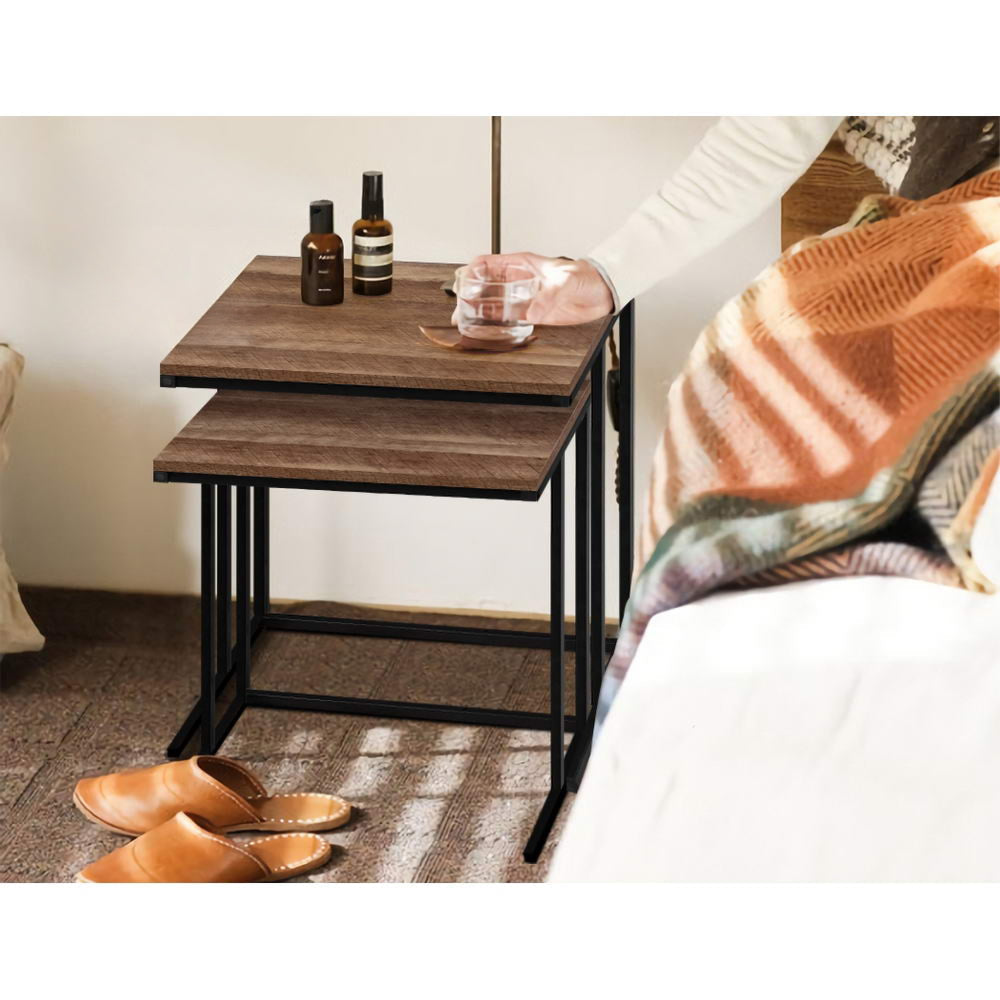 Coffee Table Nesting Side Tables Wooden Rustic Vintage Metal Frame