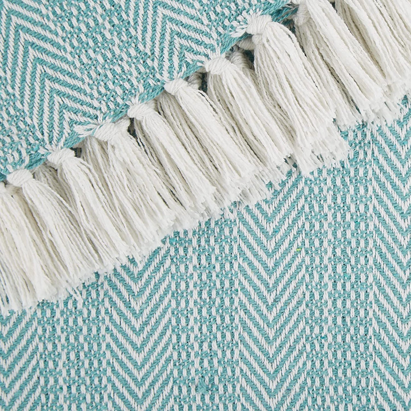 Herringbone Striped Throw Blanket with Decorative Tassels for Chair Couch - Aqua