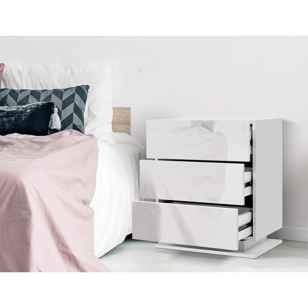 Bedside Tables Side Table RGB LED Lamp 3 Drawers Nightstand Gloss White