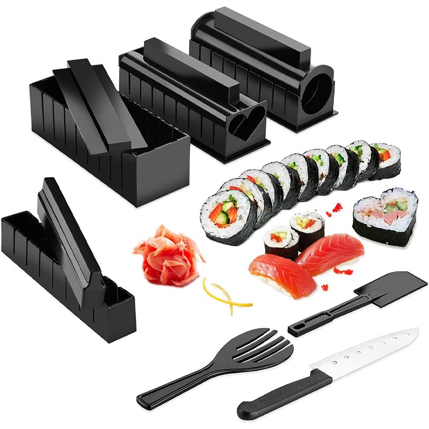 DIY Plastic Sushi Maker with Complete Sushi Set with 8 Sushi Rice Roll Mold 11 Pieces - Black